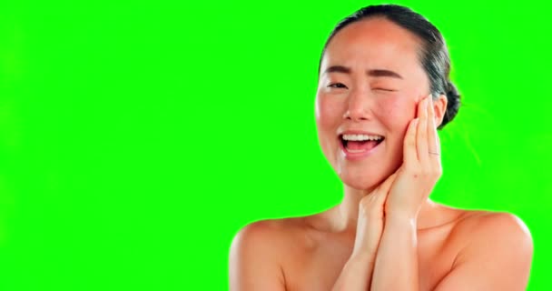 Beauty Wink Portrait Asian Woman Green Screen Background Skincare Dermatology — Stock Video
