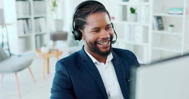 Vídeo Call Center Homem Negro Comunicação Virtual Computador Reunião Line — Vídeo de Stock