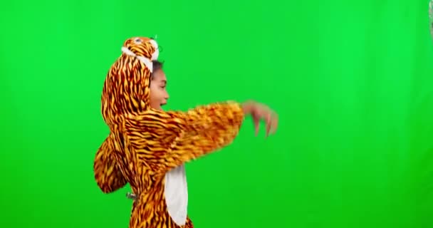 Kostium Taniec Dziecko Studio Zielonym Ekranem Stroju Tygrysa Robi Ruch — Wideo stockowe