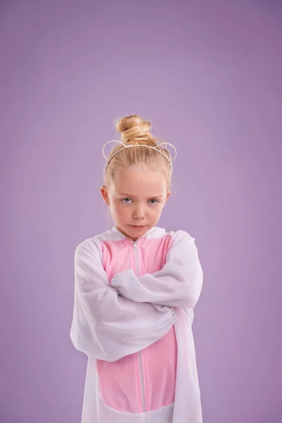 Shes One Grumpy Bear Cute Little Blonde Girl Dressed Bear — Stock Photo, Image