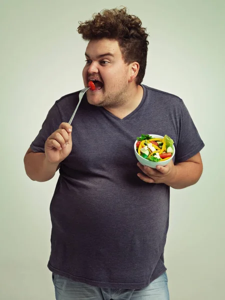 Get Belly Studio Shot Overweight Man Holding Bowl Salad — Stock Photo, Image