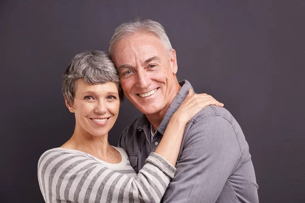 Hes One Only Studio Portrait Affectionate Elderly Couple Gray Background — Stock Photo, Image
