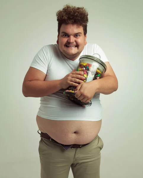 Time Sugar Rush Overweight Man Holding Large Jar Candy — Stock Photo, Image