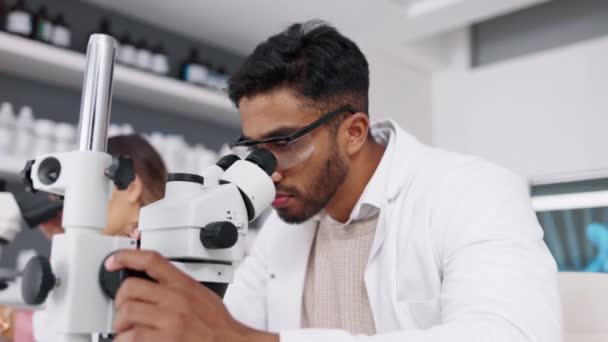 Μικροσκόπιο Ανάλυση Και Επιστήμονας Άνθρωπος Εργαστήριο Έρευνας Χημείας Και Καινοτομίας — Αρχείο Βίντεο