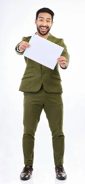 Надпись Плакат Счастливый Человек Портрет Макет Маркетинговым Плакатом Студийный Рекламный — стоковое фото