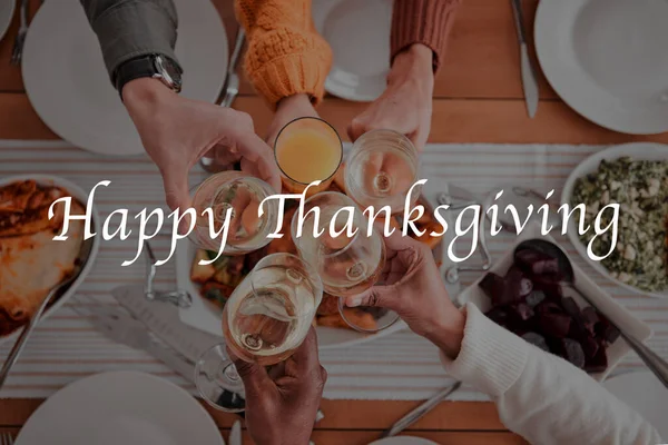 People Hands Cheers Happy Thanksgiving Dinner Fine Dining Celebration Meal — Stock Photo, Image