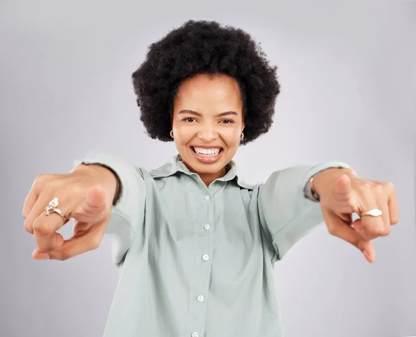 Point, excited and portrait of black woman in studio with hand gesture for choice, motivation and you. Mockup space, white background and isolated girl pointing for decision, encouragement and deal.