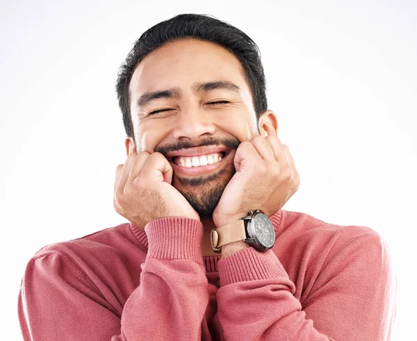 Szczęśliwy Mężczyzna Uśmiech Urocza Twarz Studiu Wyglądającym Atrakcyjnie Przystojnie Emotce — Zdjęcie stockowe