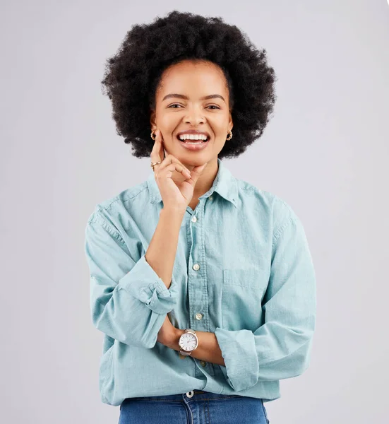 Confident, happy and portrait of black woman in studio with smile, positive mindset and happiness. Business, success mockup and face of girl with confidence, pride and empowerment on white background.