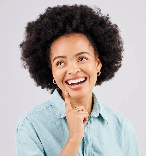 Pensando Feliz Cara Mulher Negra Estúdio Com Sorriso Confiança Felicidade — Fotografia de Stock