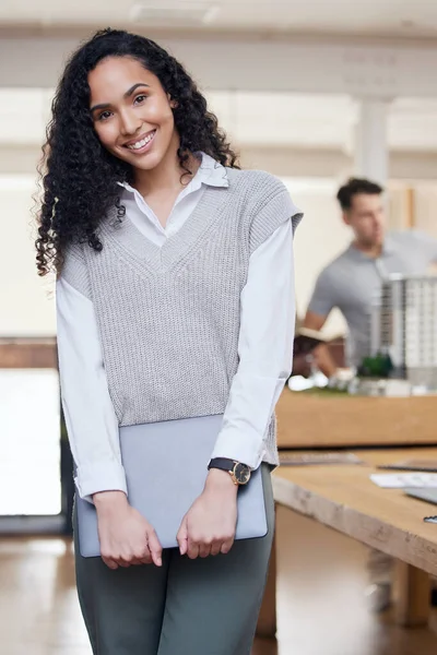 Happy, office and portrait of a woman at work for business, administration and executive job. Smile, morning and a corporate employee standing in the workplace with technology working at an agency.