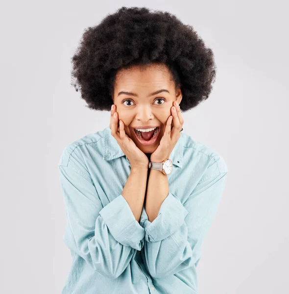 Emocionado Surpresa Rosto Mulher Negra Estúdio Para Ganhar Realização Celebração — Fotografia de Stock