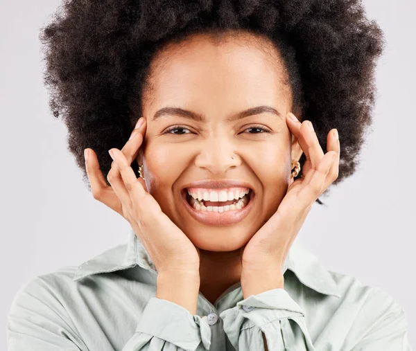 Winner Excited Portrait Black Woman Studio Smile Confidence Happiness White — Stock Photo, Image