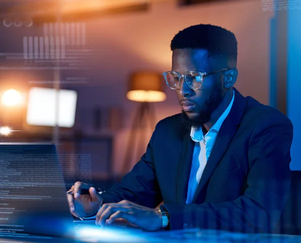 Hombre Negro Negocio Código Con Ordenador Portátil Holograma Analítica Programador — Foto de Stock