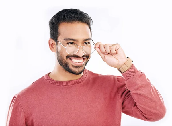 Gafas Estudio Cara Hombre Feliz Con Una Sonrisa Cuidado Los — Foto de Stock