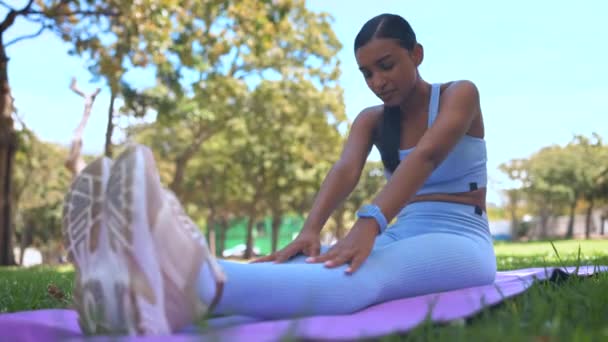 ストレッチ 女性は体 精神の健康のために自然の中で運動をします フィットネス 健康と健康緑の庭や公園で暖かい瞑想ワークアウトを行うインドの女性 — ストック動画
