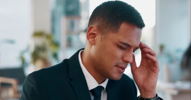 Empresário Dor Cabeça Face Estresse Burnout Tensão Saúde Mental Escritório — Vídeo de Stock