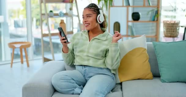 Woman Phone Headphones Dancing While Listening Music Work Break Relax — Stock Video