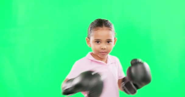 Boxing Sports Face Girl Child Green Screen Studio Isolated Background — Stock Video