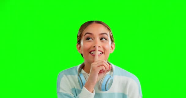 Face Secret Woman Finger Lips Green Screen Happiness Studio Background — Stock Video