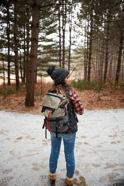 相信冒险的美丽 一个年轻女子冬季在荒野中远足的后视镜镜头 — 图库照片