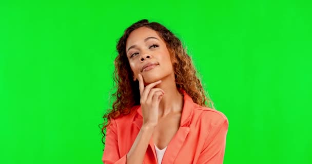 Idea Pensamiento Mujer Estudio Solera Verde Inseguro Ponderar Cara Sobre — Vídeo de stock