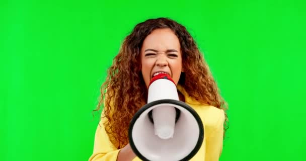 Мегафон Лицо Зеленый Экран Женщины Студии Сообщения Передачи Свободы Гнева — стоковое видео