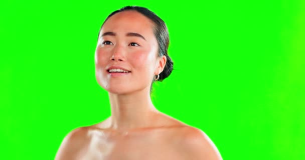 Belleza Cara Mujer Asiática Pensando Fondo Pantalla Verde Cuidado Piel — Vídeos de Stock