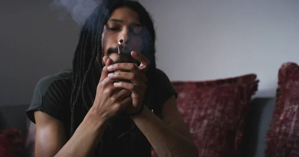 Getting Lit Young Man Smoking Marijuana Joint Home — Stock Photo, Image