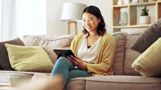 Happy Woman Tablet Home Social Media Reading Ebook Online Website — Stock Video