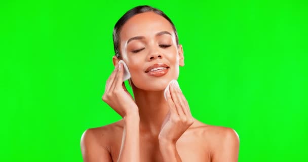 Mujer Feliz Belleza Algodón Hisopo Pantalla Verde Para Eliminación Maquillaje — Vídeo de stock