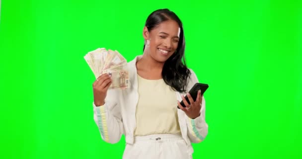 Tela Verde Telefone Dinheiro Mulher Vencedora Sucesso Bônus Isolado Fundo — Vídeo de Stock