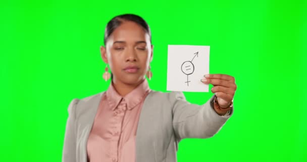 Równość Płci Zielony Ekran Poważna Kobieta Biznesie Protest Plakatem Lub — Wideo stockowe