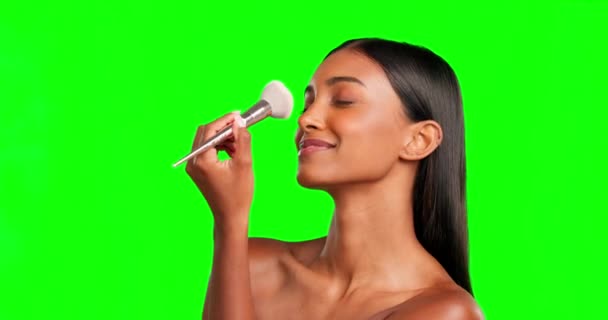 Mulher Maquiagem Rosto Escova Tela Verde Estúdio Aplicação Fundação Rubor — Vídeo de Stock