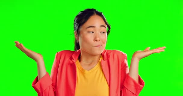 Confuso Confuso Rosto Mulher Tela Verde Pensando Pensativo Sem Noção — Vídeo de Stock