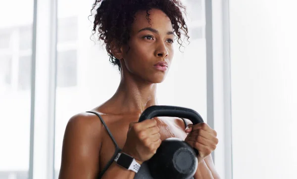 Starts Strong Mindset Young Woman Working Out Kettlebells Gym — Stock Photo, Image