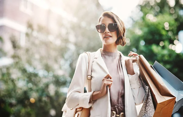 Trendy Fashionable Elegant Woman Enjoying Shopping City Young Female Coming — Stockfoto
