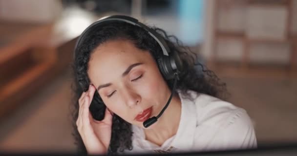 Maux Tête Télémarketing Nocturne Femme Souffrant Douleur Stress Avec Communication — Video
