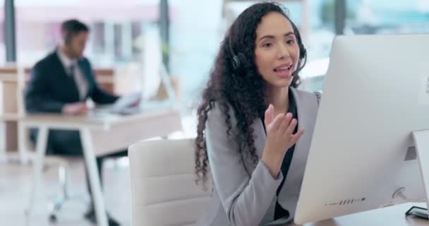 Zakelijke Vrouw Call Center Consulting Computer Met Koptelefoon Klantenservice Ondersteuning — Stockvideo