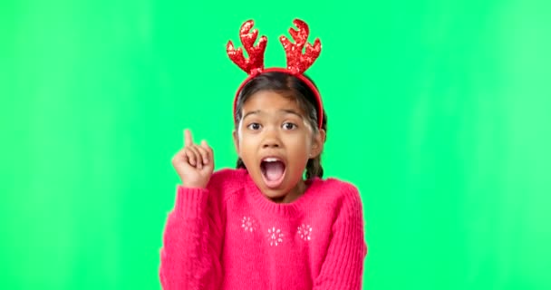 Детский Портрет Рождество Мышление Зеленом Экране Идеей Мотивации Возбужденное Лицо — стоковое видео