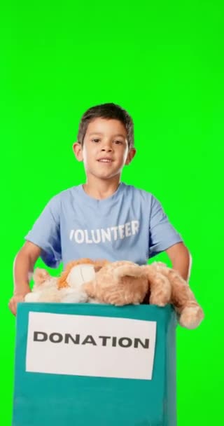 Green Screen Donation Box Child Isolated Studio Background Charity Toys — Stock Video