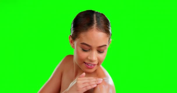 Rosto Creme Mulher Com Cuidados Com Pele Tela Verde Tratamento — Vídeo de Stock