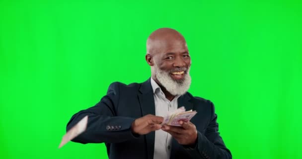 演播室和黑人把钱 利润和幸福都抛在身后 孤立无援 财富和快乐的商人 带着奖金 成功和财务自由 在绿屏造型中 — 图库视频影像