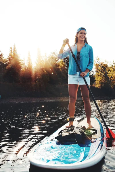 Should More Often Young Woman Paddle Boarding Lake — Stock Photo, Image