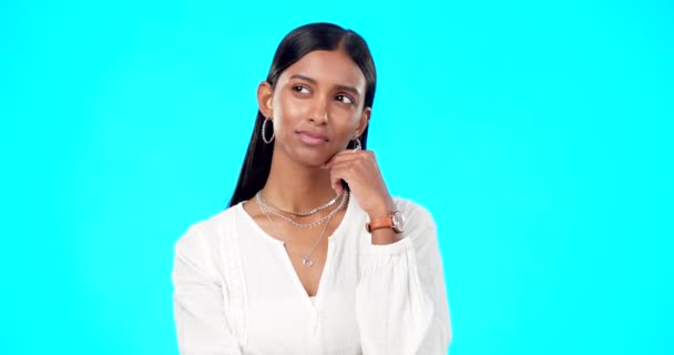 Thinking Confused Ideas Woman Isolated Blue Background University Choice College — Stock Video