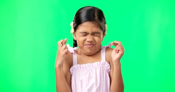 Child Wish Fingers Crossed Green Screen Luck Faith Girl Kid — Stock Video