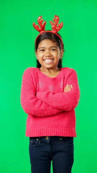 Navidad Sonrisa Feliz Con Chica Estudio Pantalla Verde Para Positivo — Foto de Stock