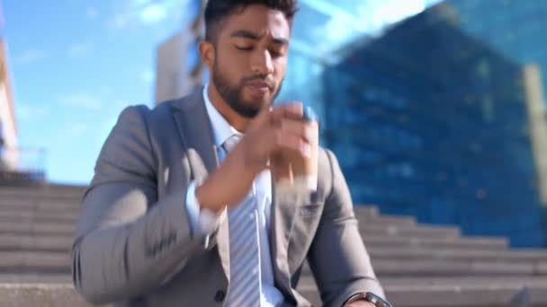Time Relax Businessman Coffee Break City Checking Watch Leaving Work — Stock Video