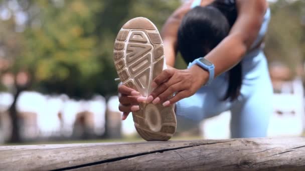 Rozciąganie Nogi Sprawność Fizyczna Kobiet Parku Dla Zdrowia Mięśni Wellness — Wideo stockowe