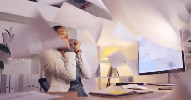 Happy Woman Throw Paperwork Success Winning Business Celebration News Goals — Stock Video